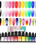 Airbrush Gel Nail Polish Starter Kit With 12 Vibrant High Pigment Colors Hema Free Non Acetone Quick Dry showing nail samples and bottles