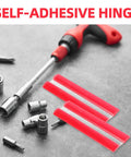Self Adhesive Acrylic Cabinet And Window Hinges With Adjustable Angles 4 Pack Transparent Piano Hinges shown with tools