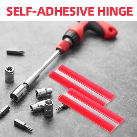 Self Adhesive Acrylic Cabinet And Window Hinges With Adjustable Angles 4 Pack Transparent Piano Hinges shown with tools