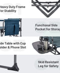 Close-up features of Aluminum Camping Directors Chair With Side Table Pocket Portable Folding Lawn Chair for Fishing Trips Picnics Concerts.