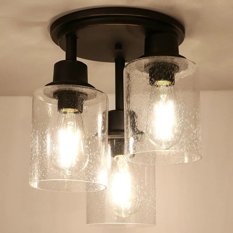 Three Light Semi Flush Mount Ceiling Light With Vintage Oil Rubbed Bronze Finish And Clear Seeded Glass Shades Perfect For Hallways Entryways Kitchens Porches And Stairs Built To Last With A Cool Rustic Vibe And Warm Glow