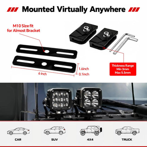 No Drill Clamp On Hood Mount LED Light Bar Brackets with installation dimensions and vehicle compatibility for trucks and SUVs