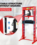 Heavy Duty 20 Ton Hydraulic Shop Press, Adjustable H Frame Floor Press With Thick Steel Plates For Shop Dogs And Metal Straightening, Rock Solid Red Build, showcasing H-shaped frame and heavy-duty springs.