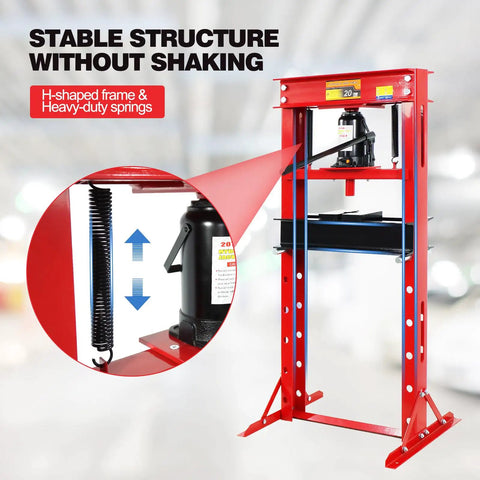 Heavy Duty 20 Ton Hydraulic Shop Press, Adjustable H Frame Floor Press With Thick Steel Plates For Shop Dogs And Metal Straightening, Rock Solid Red Build, showcasing H-shaped frame and heavy-duty springs.