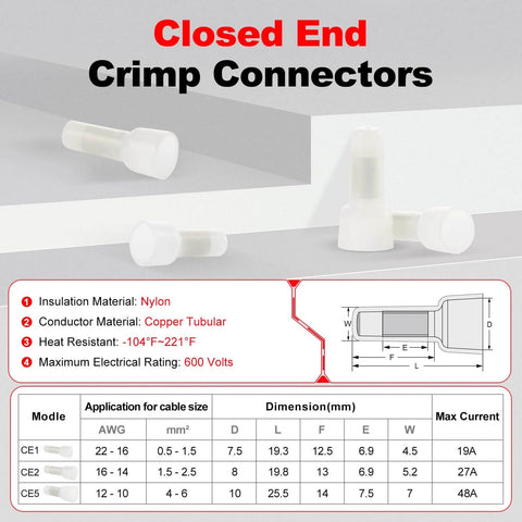 Closed End Crimp Wire Connectors 22-16 AWG, 100 Pcs Copper Core Tin Plated Nylon Covered Splice Caps for Electrical Terminals
