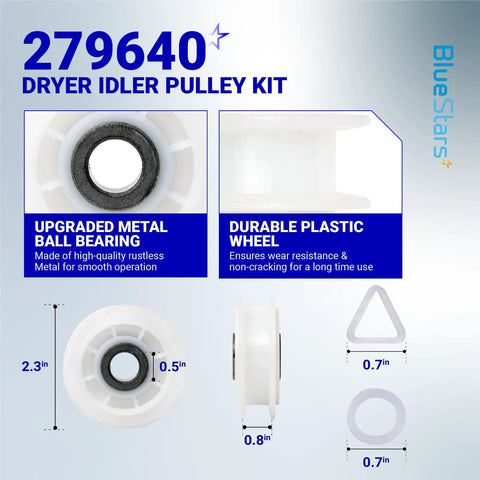 279640 dryer idler pulley kit with metal ball bearing and plastic wheel for Must Have Dryer Drum Belt And Idler Pulley Kit.