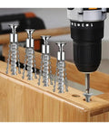 Close-up of a drill with 6/8mm expansion pipe kit for hollow walls, screws being installed into wooden board, kit includes 100 pcs