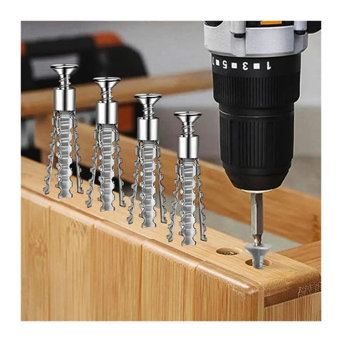 Close-up of a drill with 6/8mm expansion pipe kit for hollow walls, screws being installed into wooden board, kit includes 100 pcs