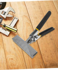 Metal Bender Tool With Straight Jaw Hemming Pliers For Duct Crimping and Wire Bending, 6 Inch Jaw, Non Slip Grip, on wooden surface.