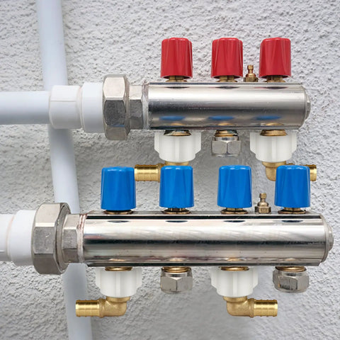 Half Inch PEX Swivel Elbow Faucet Connector With Lead Free Brass Fittings And 90 Degree NPT NPSM Adapter Includes Stainless Steel PEX Clamps For RV Camper Water Lines And Home Plumbing Easy Install, manifold with red and blue valves