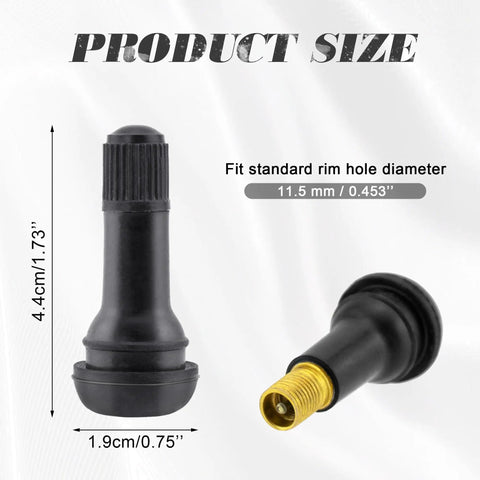 10 Pack TR413 Rubber Snap-In Tire Valve Stems For 0.453 Inch Tubeless Rims, showing size dimensions and fit details