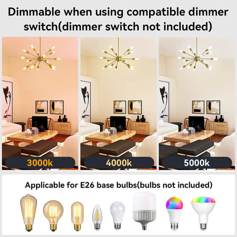 Sputnik Style 15 Light Modern Chandelier with dimming options in living room setup, showing three light temperatures.
