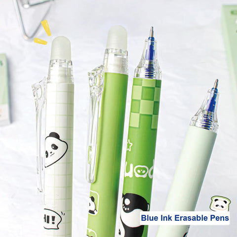 Four Six Pack Panda Erasable Retractable Gel Ink Pens 0.5mm Blue Ink Too Cute Panda Design with erasers visible.