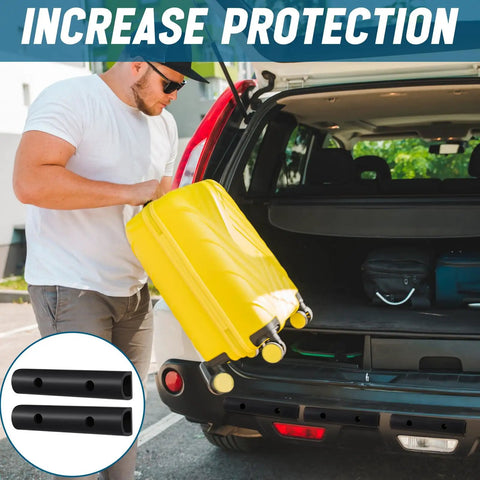 Man loading yellow suitcase into car trunk with All In One 6 Pack 10 Inch Universal Rubber Bumper Strips Kit installed for protection.