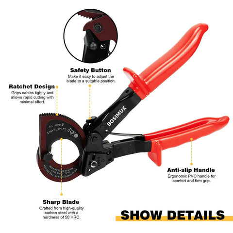Ratcheting Cable Wire Cutter Heavy Duty Tool For Copper And Aluminum Wiring With Tough As Nails Grip Handles showing sharp blade and safety button.
