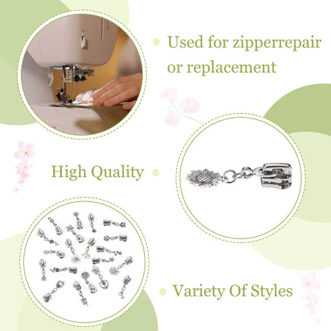 Flower Metal Zipper Pull Replacement Sliders Set 20 Pcs Durable Alloy With Platinum Finish shown in various styles for repairs