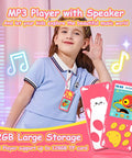 Girl holding Kids MP3 Player With Bluetooth, 32GB Pink Portable Music Player for Kids, featuring 2.4 inch color screen and bear paw button.