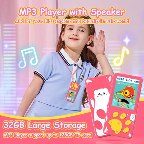 Girl holding Kids MP3 Player With Bluetooth, 32GB Pink Portable Music Player for Kids, featuring 2.4 inch color screen and bear paw button.