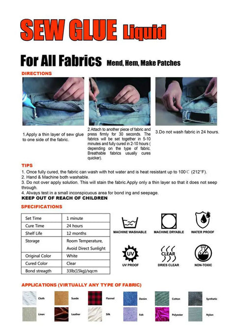Fast Dry Sew Glue For All Fabrics Quick Bonding Liquid Adhesive For Clothing Repair Denim Leather Cotton Flannel Polyester 60ml