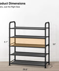 Beefy 5-Tier Metal Shoe Rack With Mesh Shelves for Entryway, Closet or Garage, dimensions shown, black.