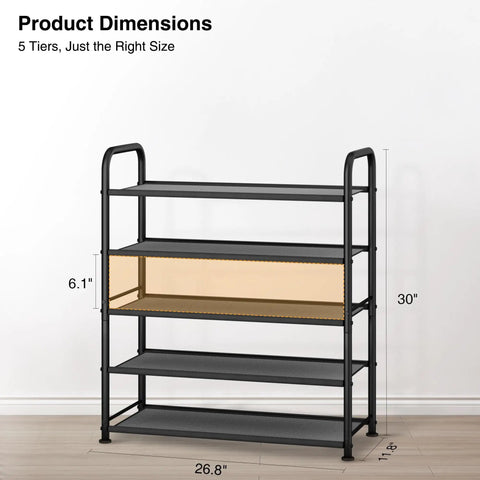 Beefy 5-Tier Metal Shoe Rack With Mesh Shelves for Entryway, Closet or Garage, dimensions shown, black.