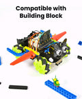 Front-angle view of KEYESTUDIO Microbit V2 Robot Car 4WD Mecanum robotics kit; black chassis with exposed wiring and neon-green wheels.