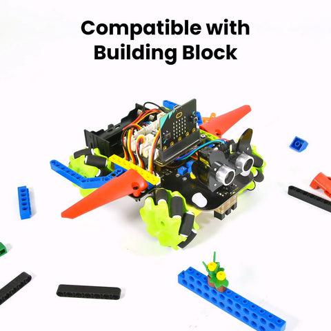 Front-angle view of KEYESTUDIO Microbit V2 Robot Car 4WD Mecanum robotics kit; black chassis with exposed wiring and neon-green wheels.