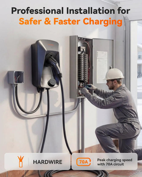 Electrician installing 50 Amp Level 2 EV Charger With J1772, Hardwired, NEMA 14-50 Plug, 25-Ft Cable for indoor outdoor use