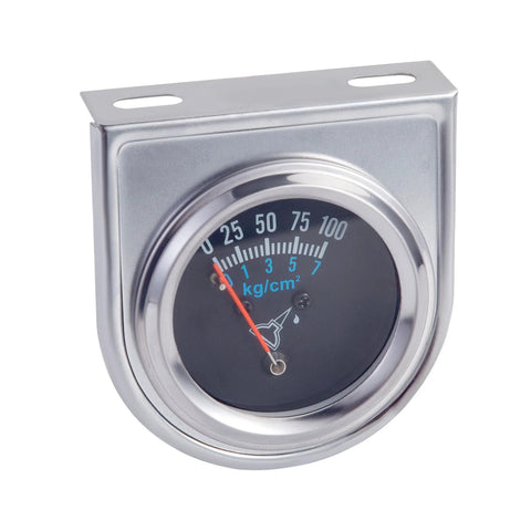 Oil pressure gauge kit with chrome bezel, black dial, blue kg/cm^2 markings, red needle
