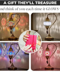 Totally Handmade Turkish Moroccan Swan Neck Tiffany Style Mosaic Glass Table Lamp with colorful hand cut glass globes, lit view