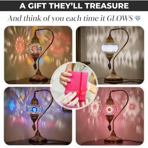 Totally Handmade Turkish Moroccan Swan Neck Tiffany Style Mosaic Glass Table Lamp with colorful hand cut glass globes, lit view