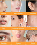 Various piercings including nostrils, nasal septum, earlobes, lips, industrial, navel, tongue, and conch shown in a grid.