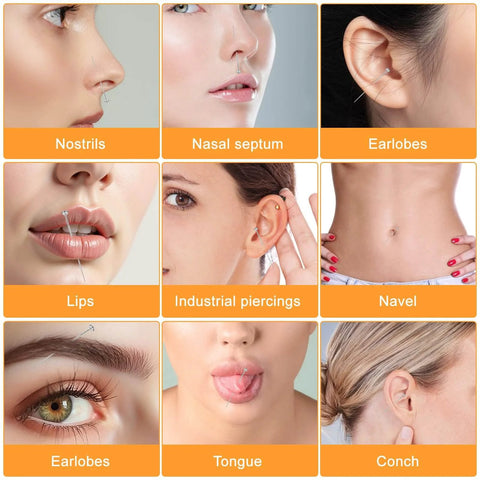 Various piercings including nostrils, nasal septum, earlobes, lips, industrial, navel, tongue, and conch shown in a grid.