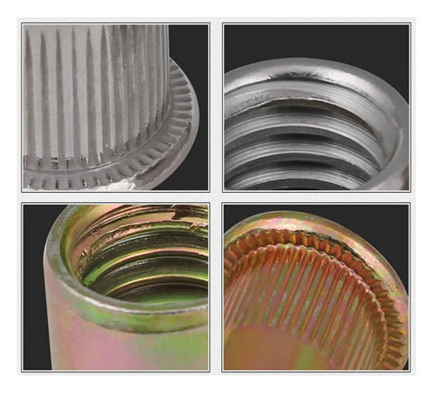 Solid Flat Head Threaded Insert Nut With Knurled Body close-up showing internal threading and knurled design for secure installations.