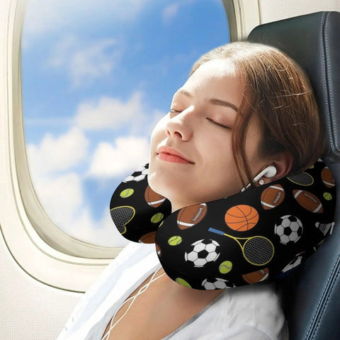 Woman using Women Memory Foam U Shaped Neck Pillow For On The Go Comfort Portable Travel Pillow on plane with sports print cover.