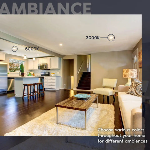 Living room with Ultra Thin 5 Inch LED Recessed Light With Junction Box 12W showing 3000K and 5000K color temperatures