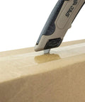 Self Retracting Box Cutter With Radius Tip Blade And Adjustable Depth, Dual Edge Guides For Quick Top Cuts, Includes Holster And Lanyard on cardboard box