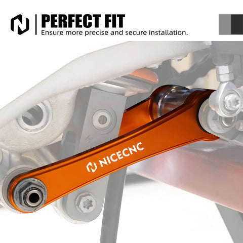 Orange Adjustable Lowering Suspension Link Arm For Front End Stability And Handling CNC Machined Billet Aluminum With Anodized Finish Easy Install Street Ready Drop Kit For Improved Ride And Precision Steering With An Aggressive Look. installed on motorcycle linkage