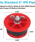 Pro Grade 2 Inch IPS Mechanical Test Plug Kit, Heavy Duty Expansion DWV Pipe Seal for Plumbing Pressure Testing and Temporary Drain Sealing, Reusable, 3 Pack, red rubber plug with wing nut