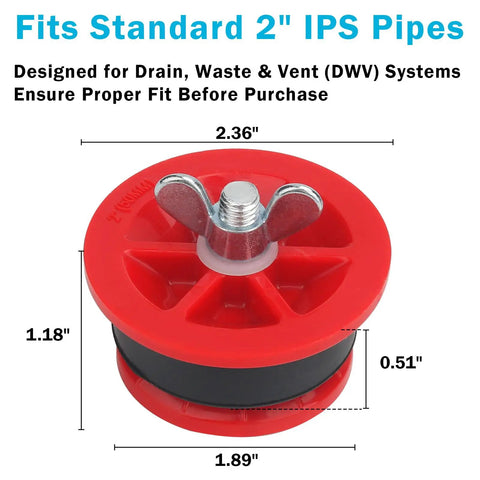 Pro Grade 2 Inch IPS Mechanical Test Plug Kit, Heavy Duty Expansion DWV Pipe Seal for Plumbing Pressure Testing and Temporary Drain Sealing, Reusable, 3 Pack, red rubber plug with wing nut