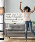 Corner Floor Lamp With Shelves For Living Room And Bedroom Cozy Bookshelf Lamp With Wooden Shelves And White Cotton Linen Shade Black Finish Perfect For Small Corners And Tight Spaces In Any Room next to couch in living room