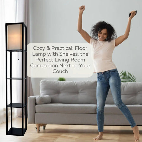 Corner Floor Lamp With Shelves For Living Room And Bedroom Cozy Bookshelf Lamp With Wooden Shelves And White Cotton Linen Shade Black Finish Perfect For Small Corners And Tight Spaces In Any Room next to couch in living room