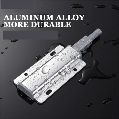 Magnetic Cabinet Latches For Touch Open Cabinets, aluminum alloy latch with water droplets showcasing durability on black surface.