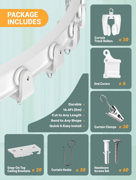 Flexible Ceiling Curtain Track Bendable 16.4 Ft Long With PVC And Stainless Steel Build, kit parts shown