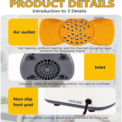 Product details of Heavy Duty Eyeglass Frame Heater With Wind Catcher Hood showing air outlet and inlet design.