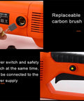 Heavy Duty Electric Pipe Threader 2300W Portable Threading Machine showing replaceable carbon brush and power switch details.
