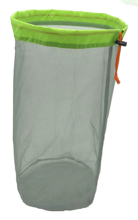 Green large sack from Mesh Stuff Sack Set Of 5 Ultralight Drawstring Gear Pouches For Backpacking, Camping, And Travel.