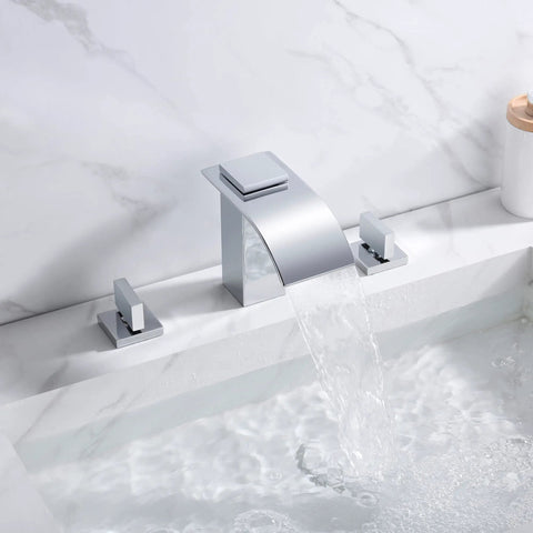 Waterfall 8 Inch Widespread Bathroom Sink Faucet Three Hole Chrome Finish With Solid Brass Valve in use on marble sink