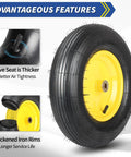 Two Pack 16 Inch Wheelbarrow Tire And Wheel With 4.80 4.00 8 Size Pneumatic Wheel Centered Hub 3 To 6 Inches And Five Eighths Inch And Three Quarters Inch Bearings For Hand Trucks Trolleys Garden Carts And Wagons Explorer Series showing side view with yellow rim and tire features