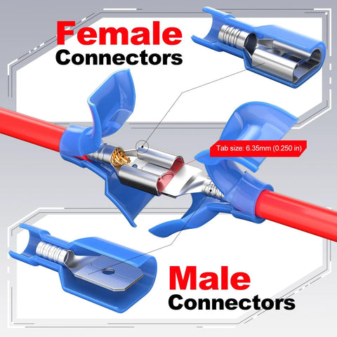 Blue nylon female spade connectors for 16–14 AWG wire; 100 pcs for auto speaker wiring